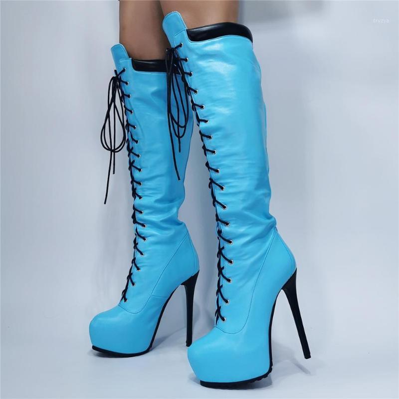 

New Woman Fashion Blue Black Patchwork Round Toe Platform Boots Lace Up Front Stiletto Heels Knee High Long Boots Plus Size1, As picture