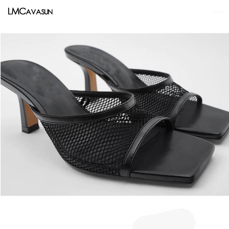 

LMCAVASUN high heel mule shoes women england fashion simple square toe black gauze sandals sandals women shoes woman1