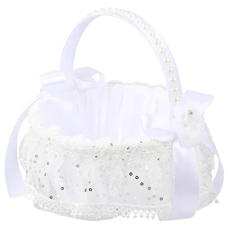 

White Lace Flower Girl Basket with Handle Wedding Party Decor Flower Basket, White 5707