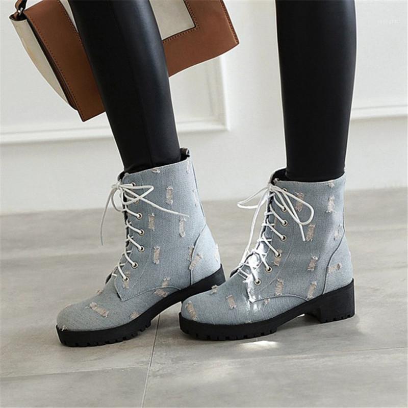 

PXELENA 2020 Autumn Denim Boots Women Vintage Holes Lace Up Chunky Square Heel Combat Knight Boots Cowboy Shoes1, Black