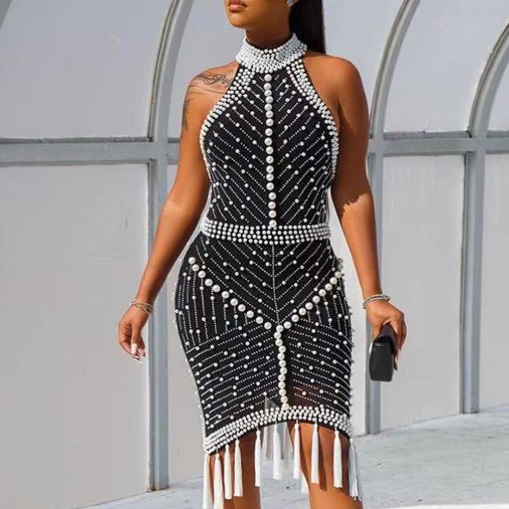 

2021 The New Octaver Sexy Black Woman Halter in Sleeveless Beads Dressed As Summer Bandage Party Enb0, White