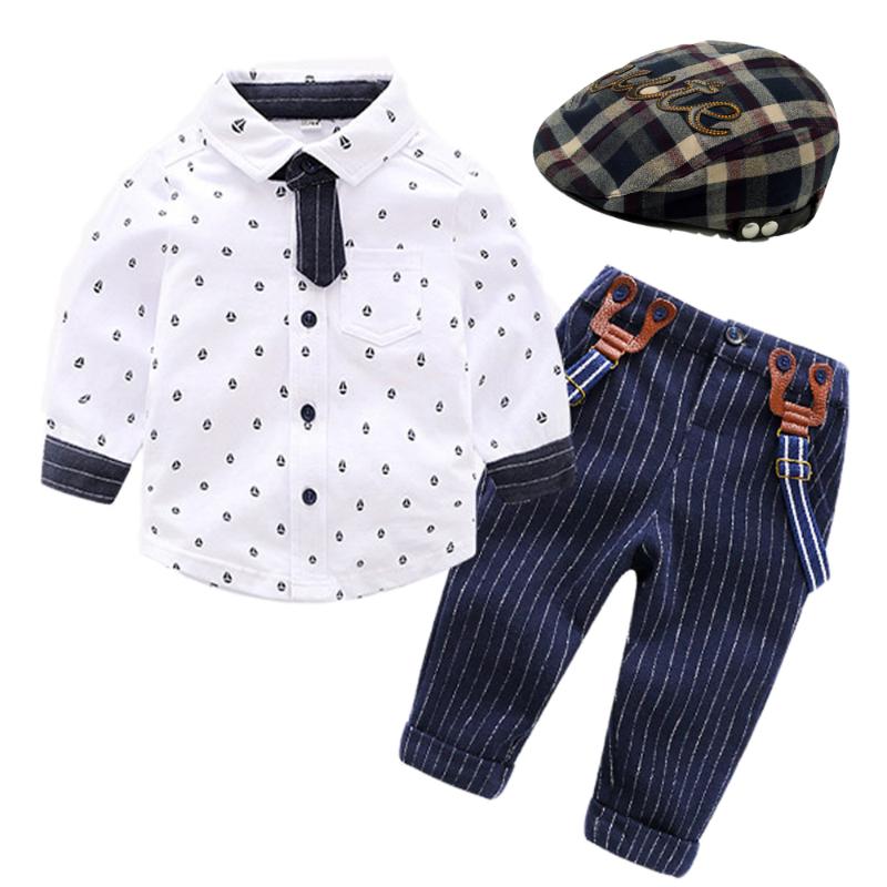 

Spring Baby Boy Clothing Set Toddler Kids Cap + White T-Shirt + Striped Pants with Belt 4 Pieces Children Outfits Suit 1 2 3 4Y