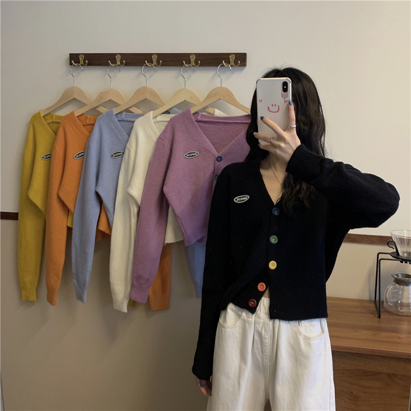 

2021 New 6 colours Korean v-neck style cardigan sweaters long-sleeve buttons tops of women outward jackets (l9133) 6D16, Purple