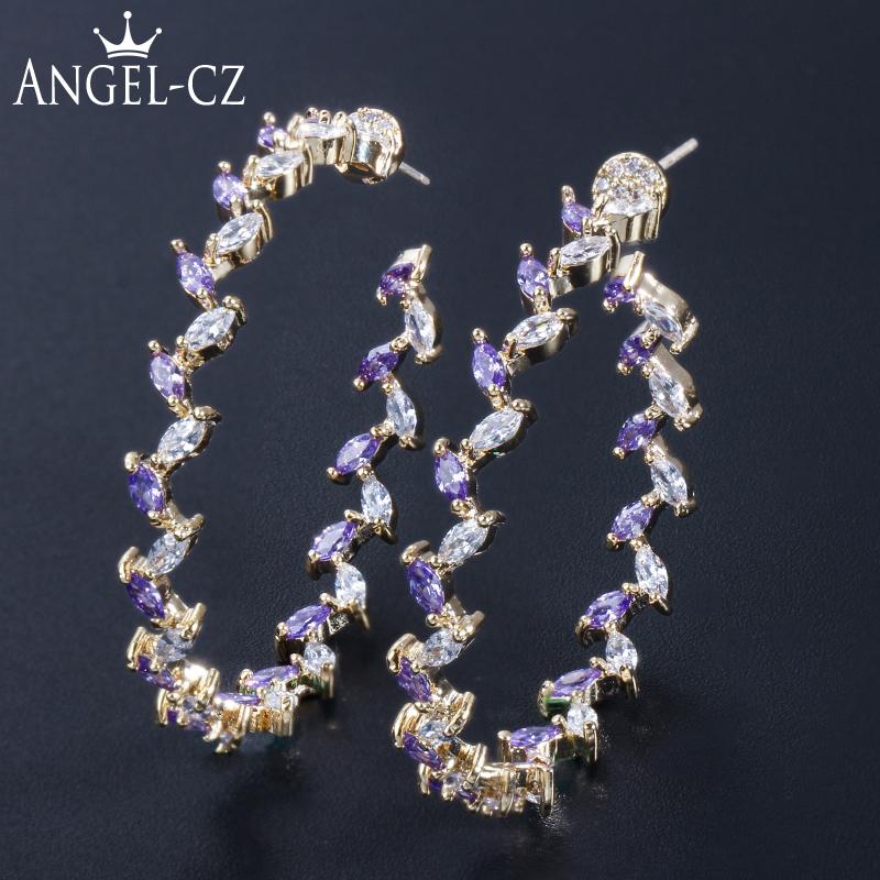 

Hoop & Huggie Angelcz Sexy Oversize Circles Round Golden Earring Pave Leaf Purple Crystal White CZ Fashion 925 Silvery Pins Jewelry AE227