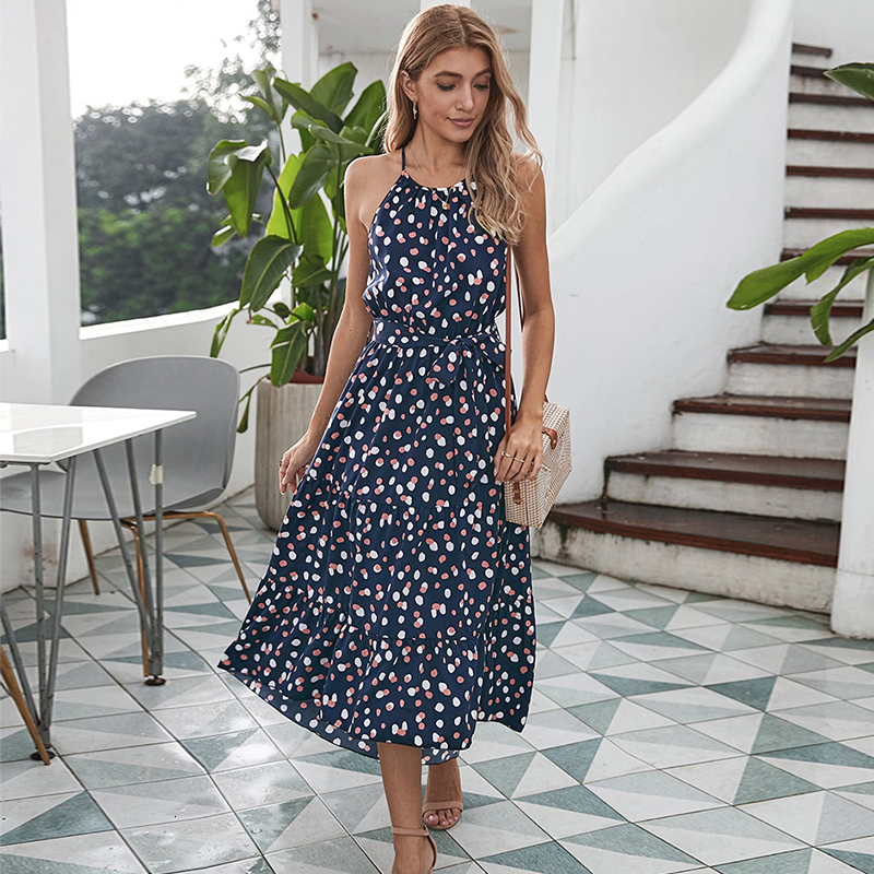 

2021 New Women' Summer Long Dot Print Bohemian Loose Ankle Sleeveless Neck High Waist Without Back Es Women 6x98, Navy blue.