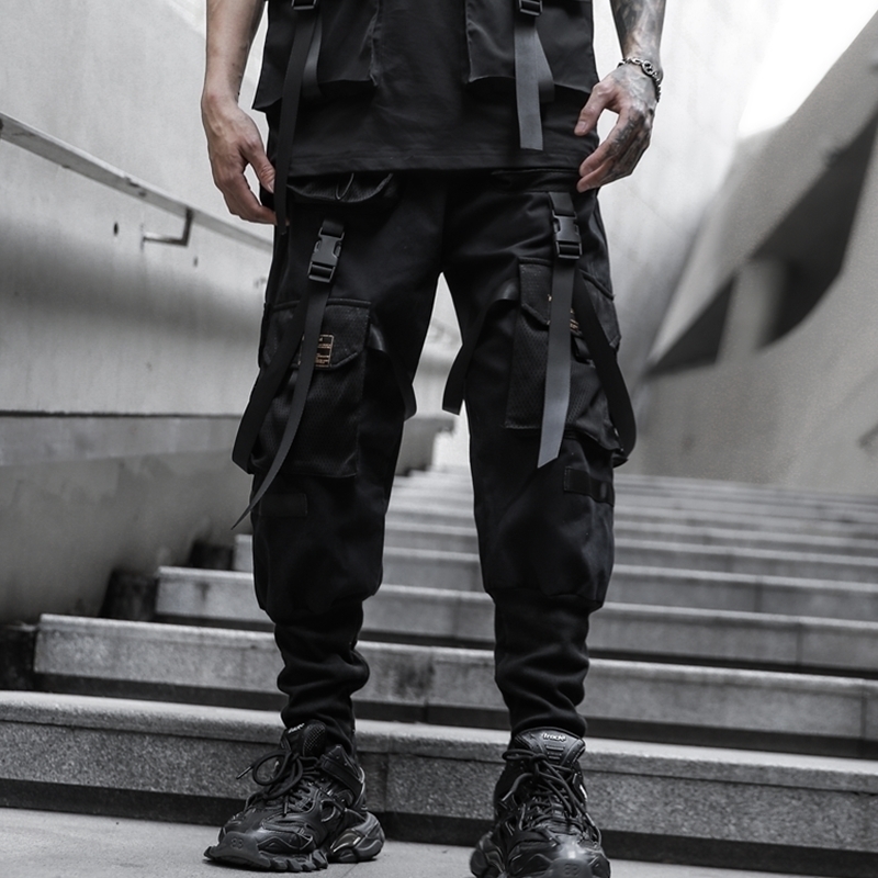 

iiDossan Men Cargo Pants Fashion Black Harem Pants Joggers Men Multi-Pockets Ribbons Sweatpants Streetwear Casual Pants 201126, Beige