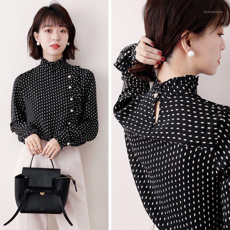 

Chiffon Shirt 2020 Autumn Winter Women' New Fashion Stand Neck Long Sleeve Large Size Ruffle Dot Print Blouse Tops -4XL P3771, Black