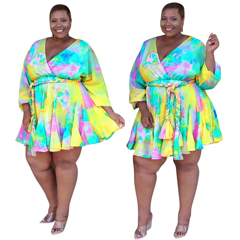 

Sexy Women Clothing Designer Printed V-neck With Belt Big Swing Dress Mini High Waist Was Thin Skirt Plus Size Casual Clothes, Orange