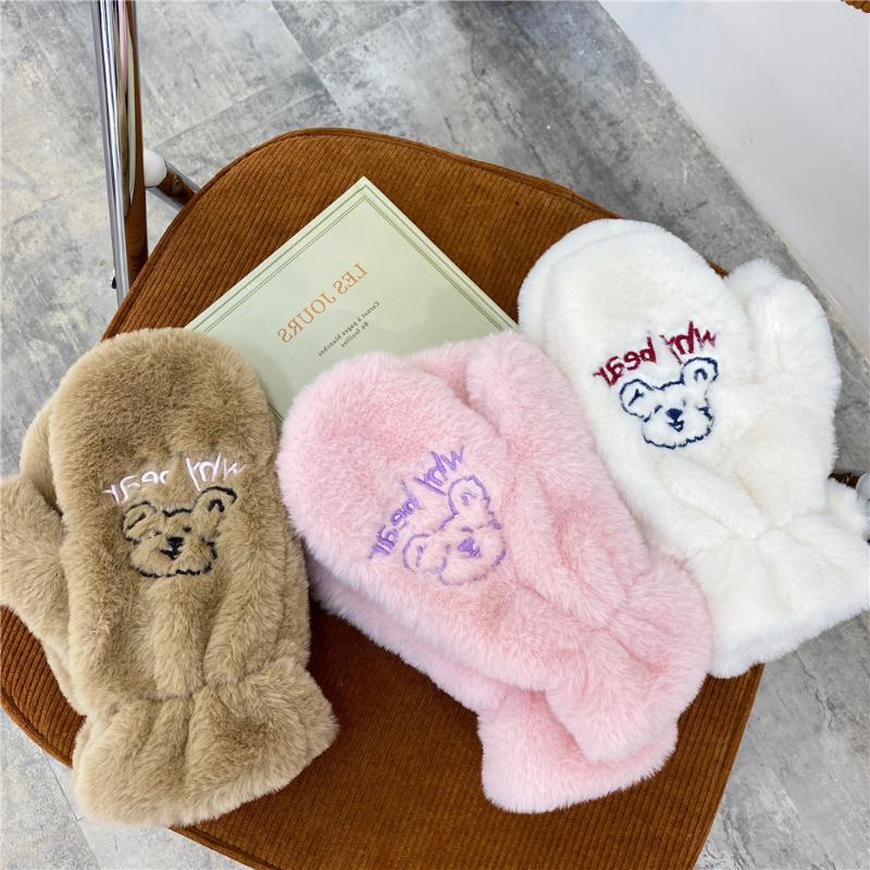 

Five Fingers Gloves Women Bear Plush Cute Cartoon Girls Keep Warm Autumn/winter Thickening Pink Fingerless