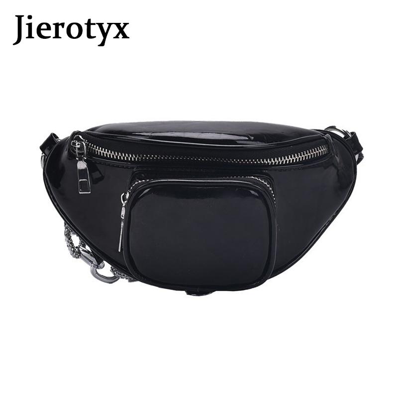 

JIEROTYX Trendy Zipper Women Waist Bags Chest Bag Holographic Pocket Fanny Pack Fashion Leather Belt Bag Soft Belt Sac 2021, Black