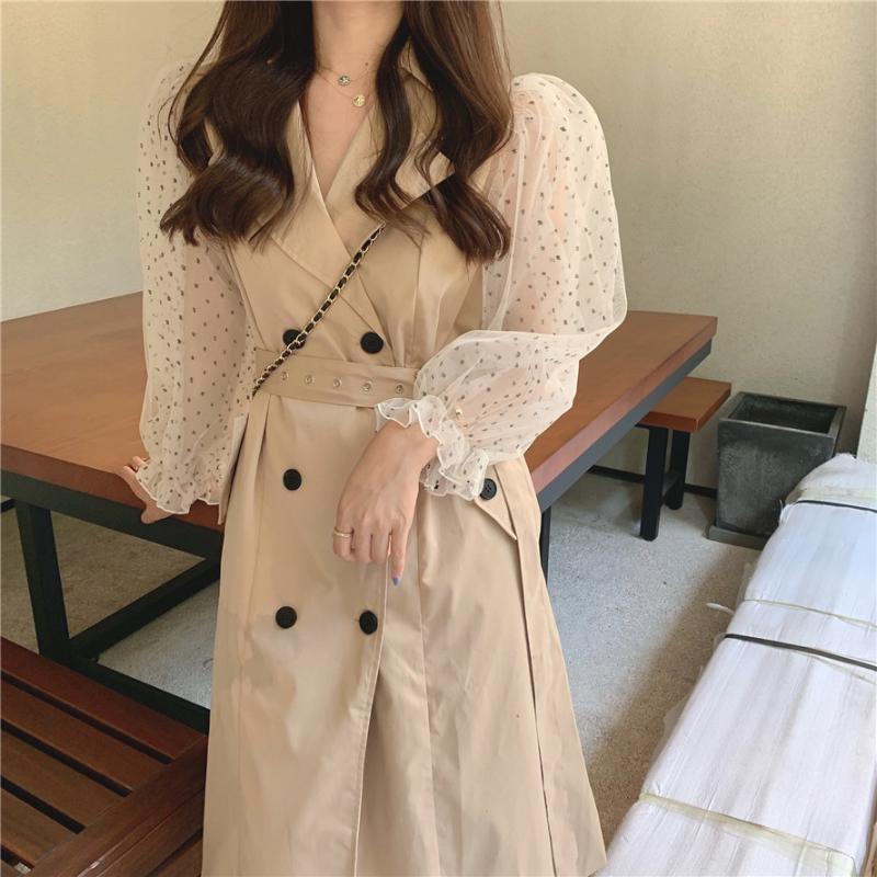 

Girls Lolita Sweet Cute Kawayi Chiffon Lantern Sleeve Beige Kachi Trench Belts With Colleage Students Preppy Long Trench, Khaki
