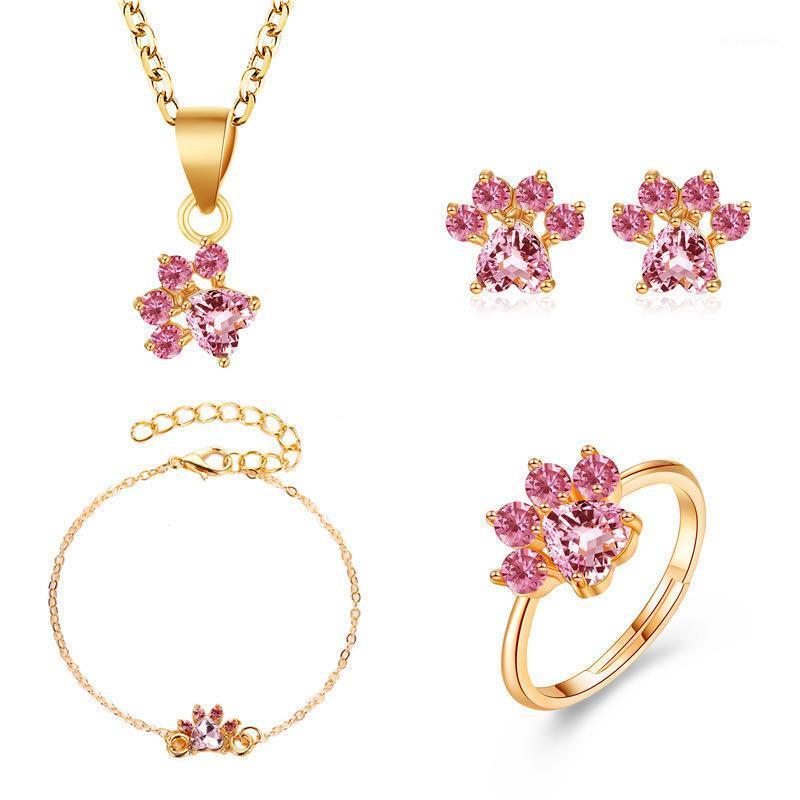 

4pcs/set Fashion Cute Crystal Pink Cat Earrings For Women Ring Stud Earrings Necklace Bracelet Wedding Gifts Hot Sale1