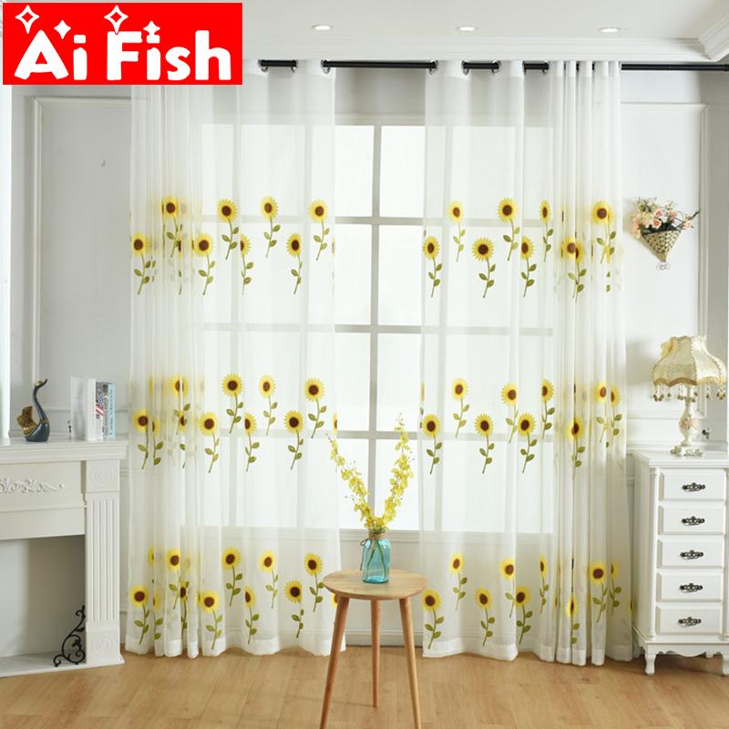 

Yellow Sunflower Embroidered Curtains for Living Room Window Treatments Tulle for windows Balcony Linen Sheer Fabrics AP186-30, Thin voile