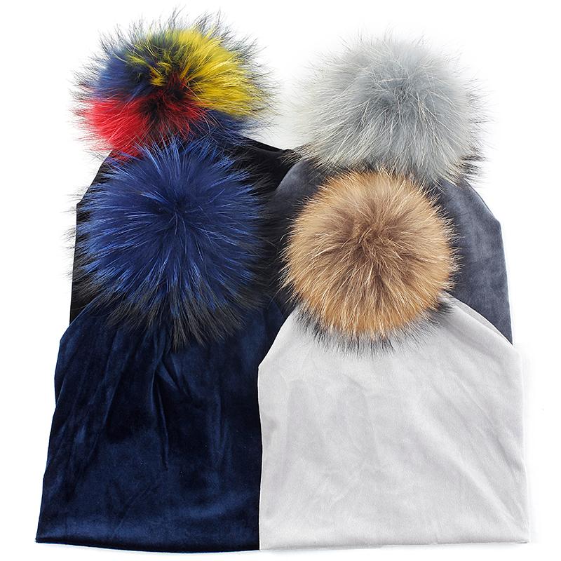 

Adult Beanie Hat Skull Autumn Winter Warm Hat Beanies Skull Cap With 15cm Real Fur Pompom Ball For Men Women