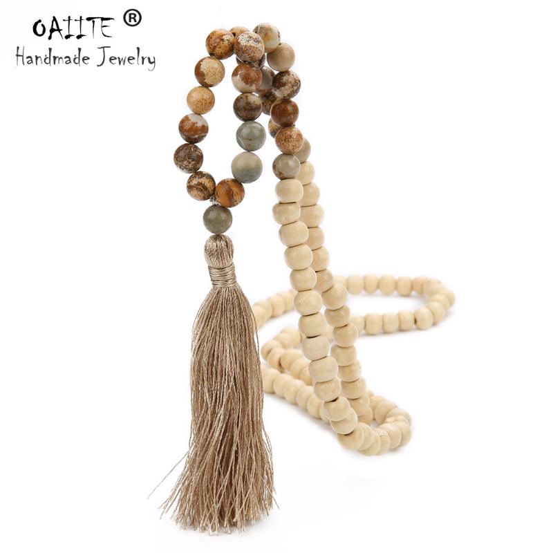 

OAIITE Fashion Bohemian Tassel Yoga Wooden Jewelry Handmade Natural Stone Tassel Necklace for Women Lariat Necklaces