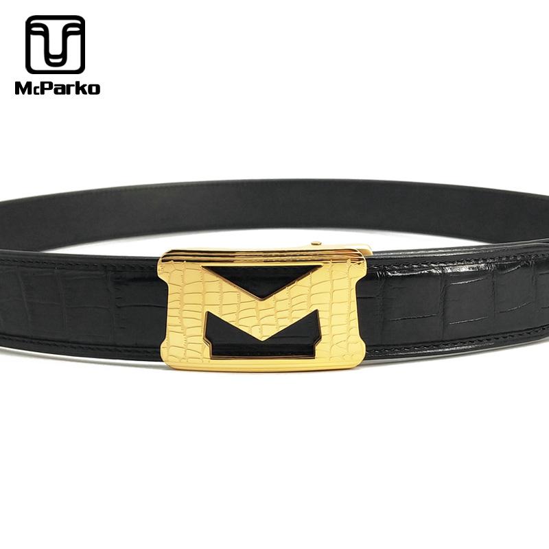 

Belts McParko Men Belt Automatic Buckle Genuine Crocodile Leather Luxury Alligator Waist Stainless Steel Letter M Design, Black