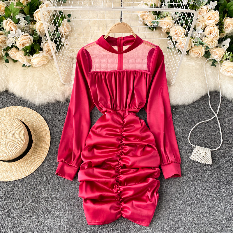 

2021 New Singiny women crocheted shreds spring solid neck ruched pencil sexy perspective short dress FHC7, Black