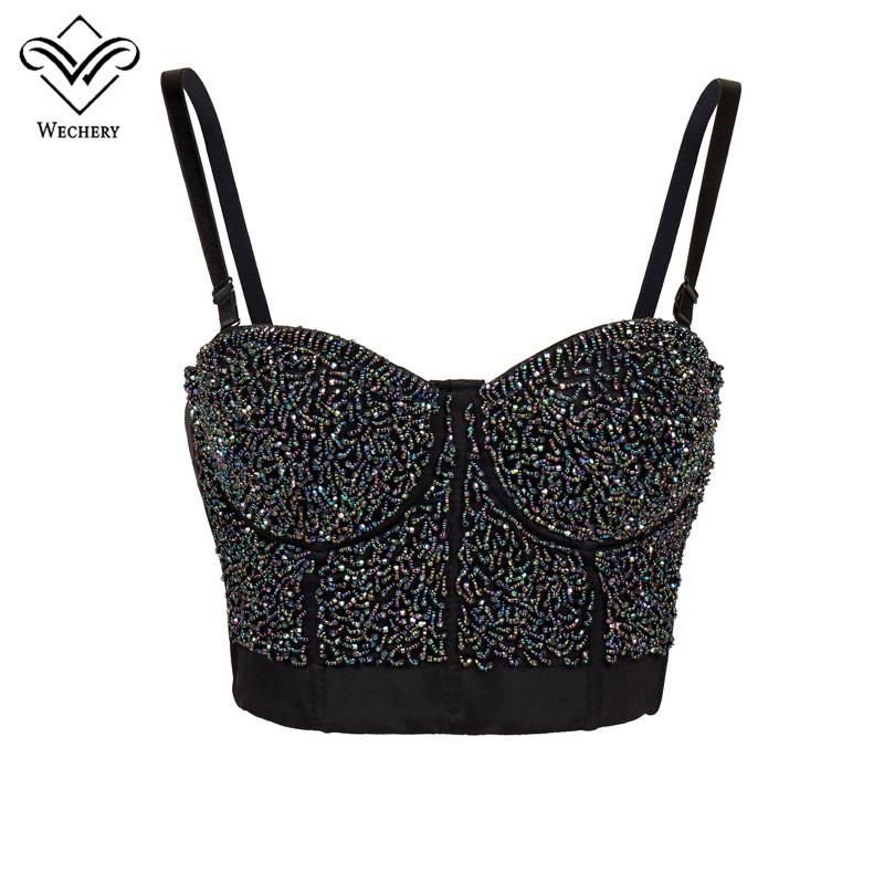

Wechery Sexy Corset Women Slimming Corset Bra Beading Luxury Style Tops Black Silver Top for Party Cosplay Daily