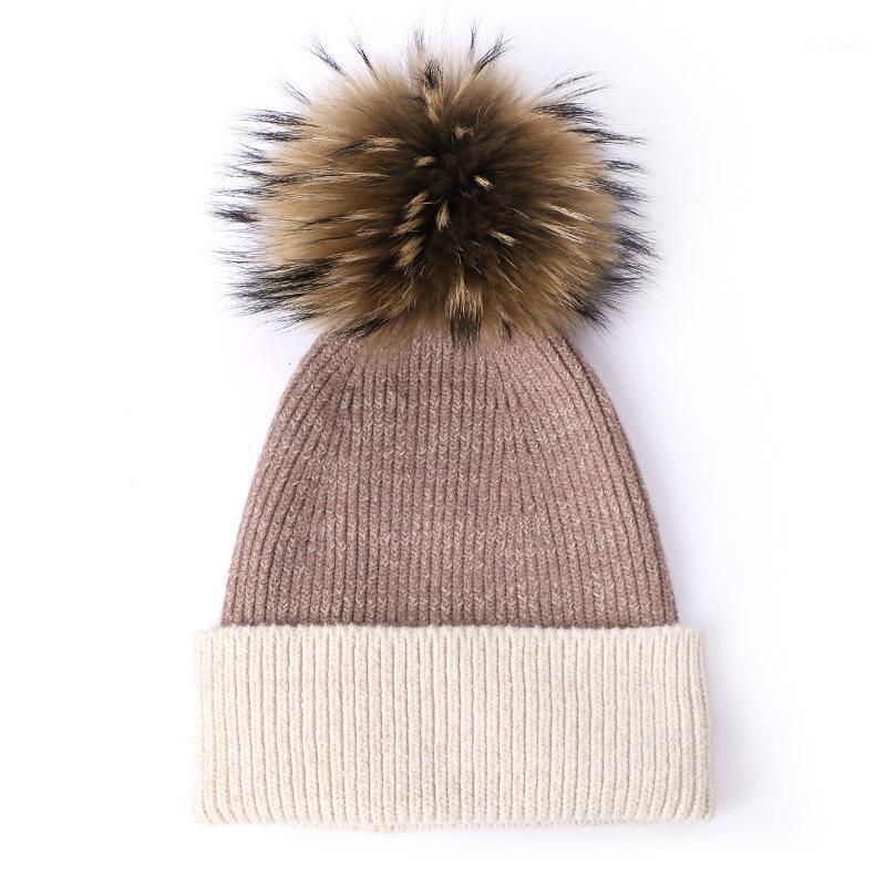 

Winter Solid Color Beanie Hit Color Solid Stitching Woolen Hat To Keep Warm Outdoor Raccoon Fur Ball Knitted Hat1