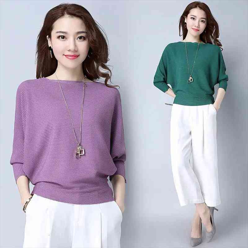 

Knitted Sweaters For Women Batwing Sleeve Slash Neck Pullovers Sweater Spring Autumn Solid Knit Tops Plus Sizes Female Sweaters, White;black
