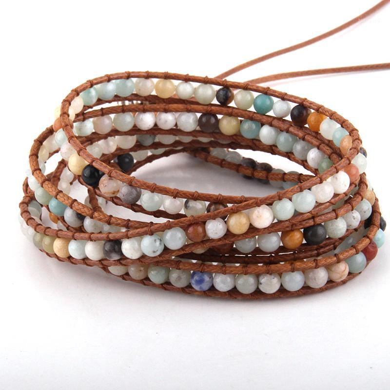 

Fashion Women Jewelry Brown Leather Bracelet Handmade 5 Strands 4mm Natural Stones Wrap Bracelets DropShippers1