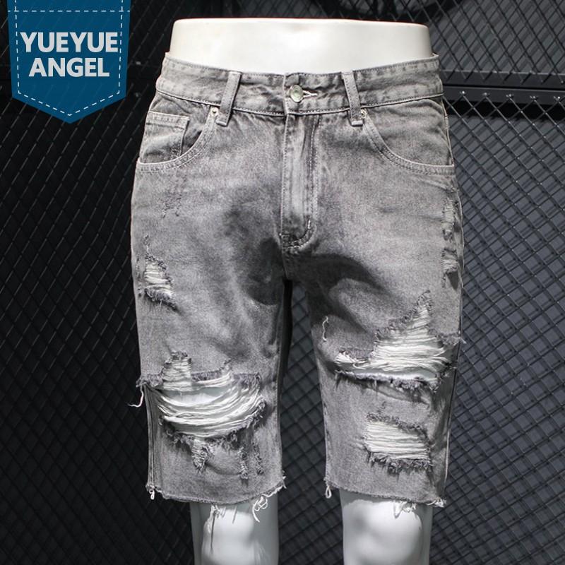 

Summer Gray Distressed Knee Length Trousers Mens Hole Ripped Jeans Fashion Street Casual Loose Fit Straight Denim Shorts Male