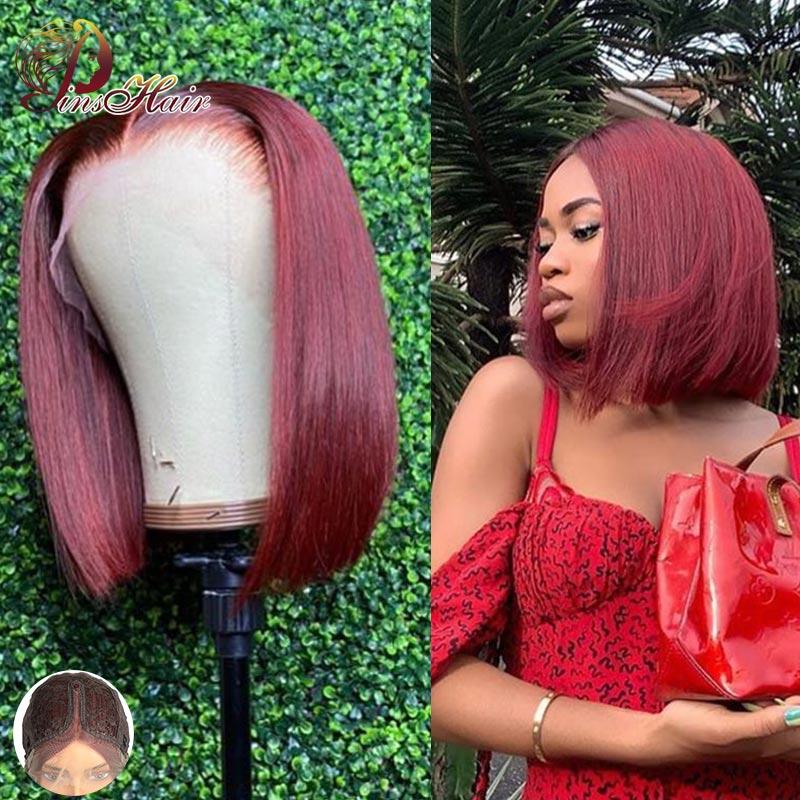 

Cheap Short Bob Human Hair Wigs Red Burgundy Bob Lace Wigs Hd Transparent 13*1 Lace T Part Peruvian Straight Wig 150%, As pic