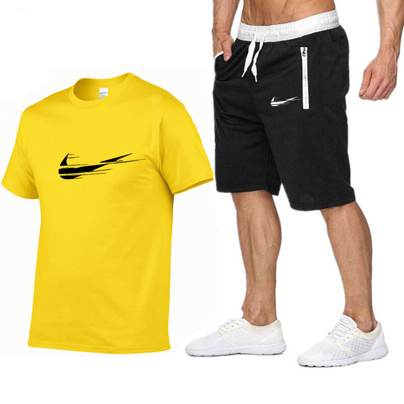 

Summer T-Shirt Pants Set Casual Brand Fitness Jogger Pants T Shirt Hip Hop Fashion Men's Tracksuits, Yellow