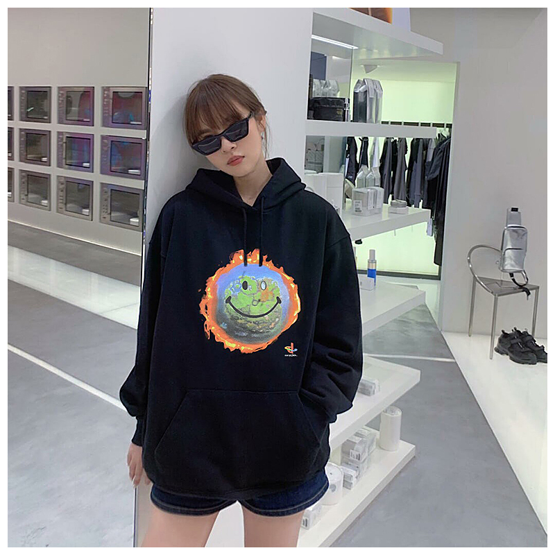 

2021 New American Style Smiling Face Earth Trend Men's All-match Leisure High Street Hoodie Couple o Uphz, Black