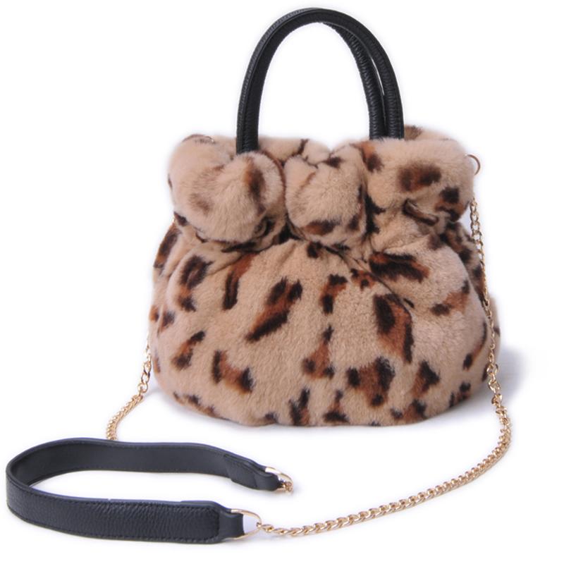 

New Women's Real Rex Fur Handbag Genuine Cow Leather Soft Fur Messenger Bag Large Capacity Totes Warm Shoulder Bag S7954, Black