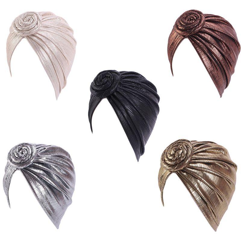 

Beanie/Skull Caps Muslim Spiral Knot Floral Turban Cap Shiny Metallic Pleated Headwrap Chemo Hat 2XPD, Black