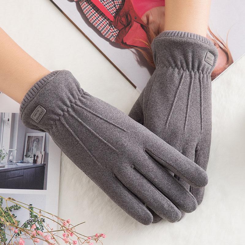 

Winter Female Double Thick Plush Wrist Warm Cashmere Cute Cycling Mittens Women Suede Leather Touch Screen Driving Glove C63
