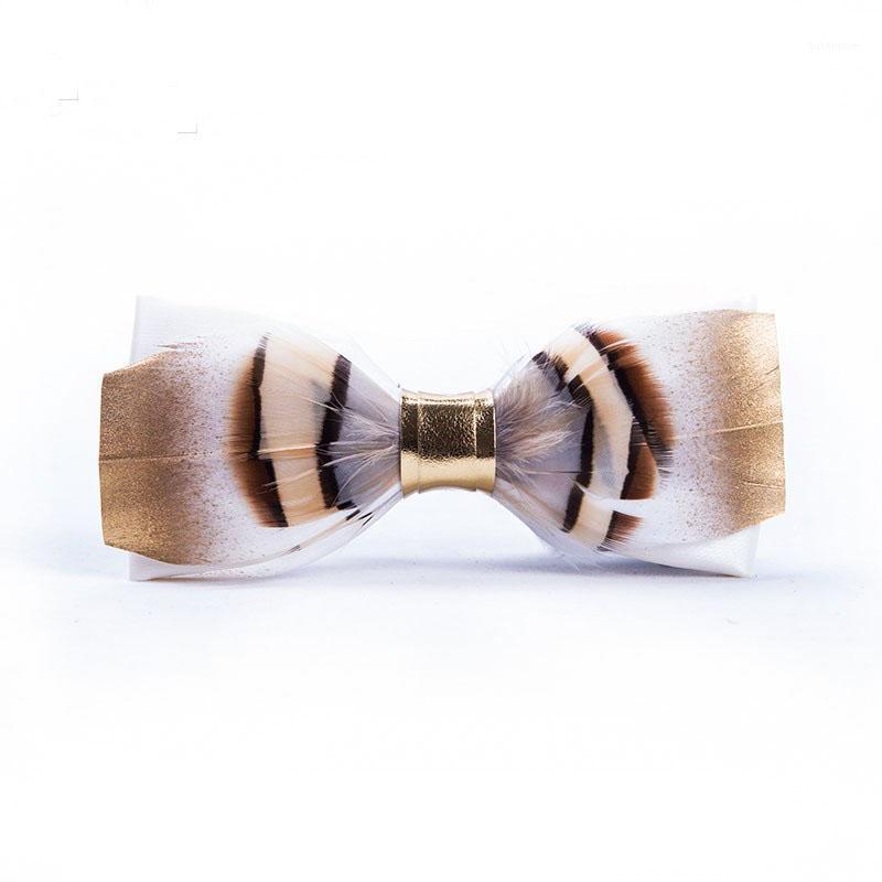 

New Free Shipping fashion Men's male Bow tie men and women feather gradient multi-layer champagne color leather bow groom grooms1