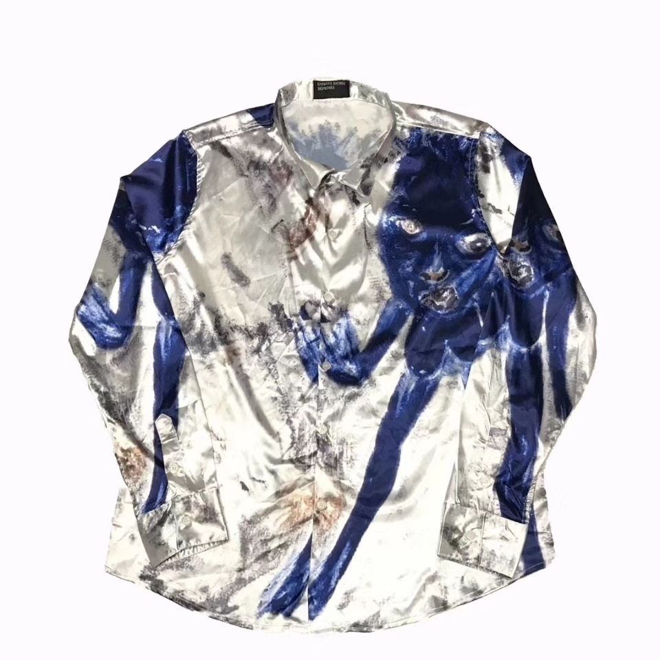 

Mens and womens long-sleeved shirt ERD enfants riches deprimes Smurf alien art silk loose, White