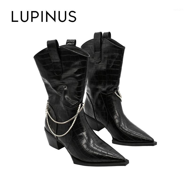 

Lupinus Design Metal Chains Western Boots For Women 2020 New Fashion Chunky Heel Women Winter Cowboy Boots Mujer1, White