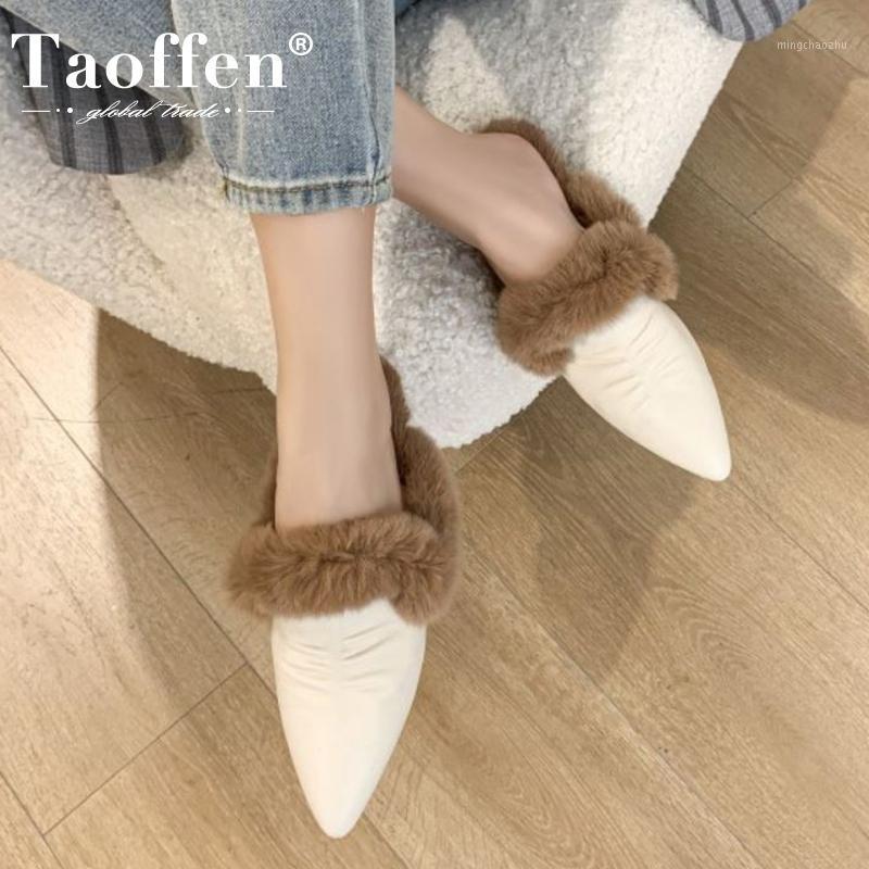 

TAOFFEN Real Leather Women Winter Slipper Sexy Pointed Toe Fashion Shoes Woman Warm Fur Casual Lady Home Footwear Size 34-391, Black