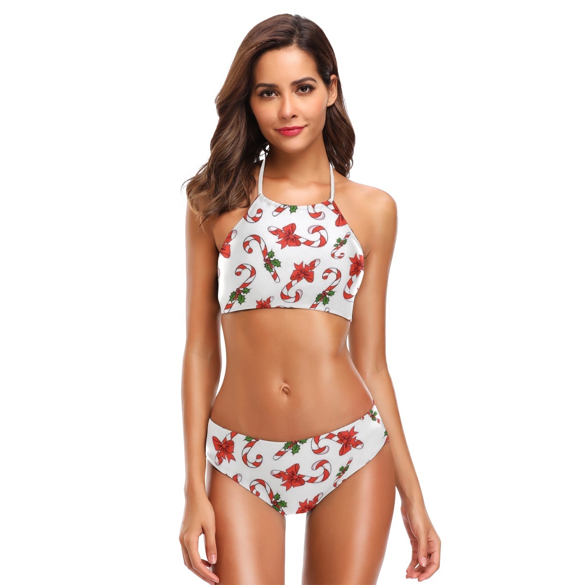

New 2021 Wireless Comfortable Christmas Style Sexy Split Swimsuit 2 Piece Set Bathing Suit Women Oajx, Beige