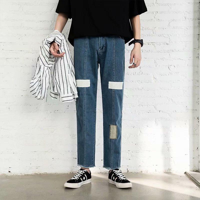 

Net red personalized pants jeans men' trend youth patch hem loose Capris fashion label versatile, Blue