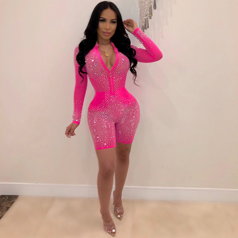 Autumn Neon Pink Mesh Glitter Diamond Women Long Sleeve Playsuits Sheer See Through Sexy Club Romper Bodycon Mini Short Jumpsuit T200704