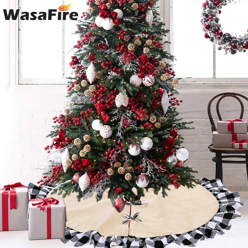 

122CM ChristmasTree Skirt Linen Plaid Ruffle Edge Xmas Tree Skirt New Year Decoration Home Party Decor Ornaments White Black Red