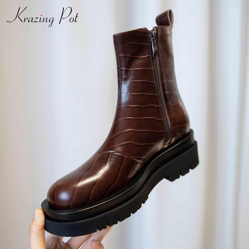 

krazing pot 2021 winter new boots genuine leather striped platform round toe thick high heel zipper energy lady ankle boots L031, Brown