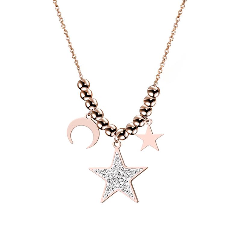 

Stainless Steel Crystal Stars And Moon Pendant Necklace Trendy Rose Gold Plate Bead Chokers Necklace for Women Jewelry Wholesale