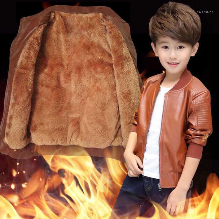 

New Arrived Boys Coats Autumn Winter Fashion Korean Children's Plus Velvet Warming Cotton Pu Leather Jacket For 6-15y Kids Hot1, Brown
