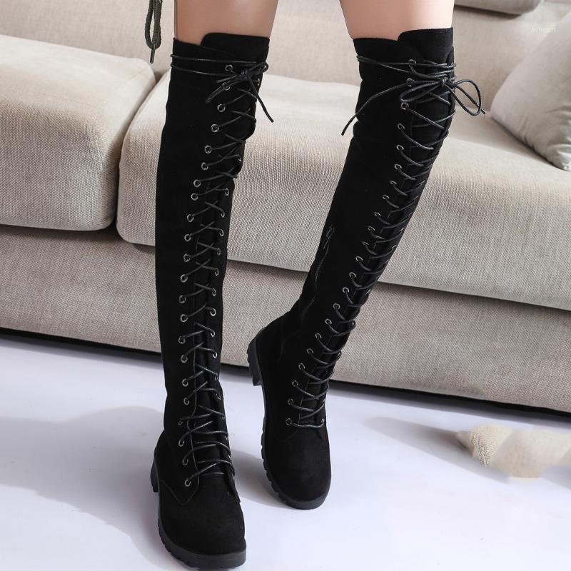 

shoes woman winter boots women zapatos de mujer Women's Lace-Up Knee Bare Boots Flat Round Toe Shoes Casual Long Tube Booties1, Black