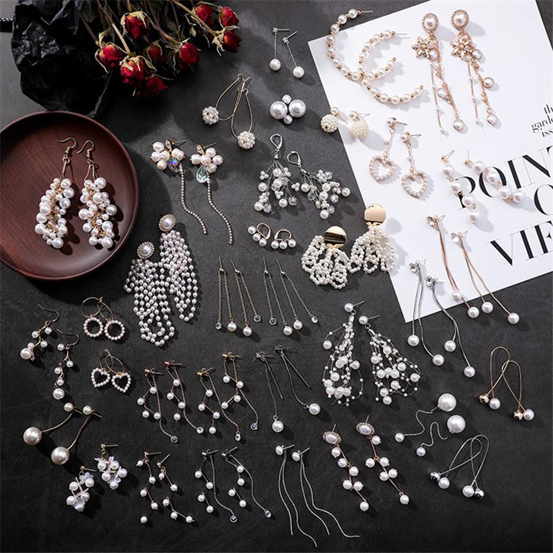 

Cute Simulated Pearl Geometric Stud Earrings For Women Hollow Heart shaped Long Pendant tassel Earring Jewelry Korean Lady Gift