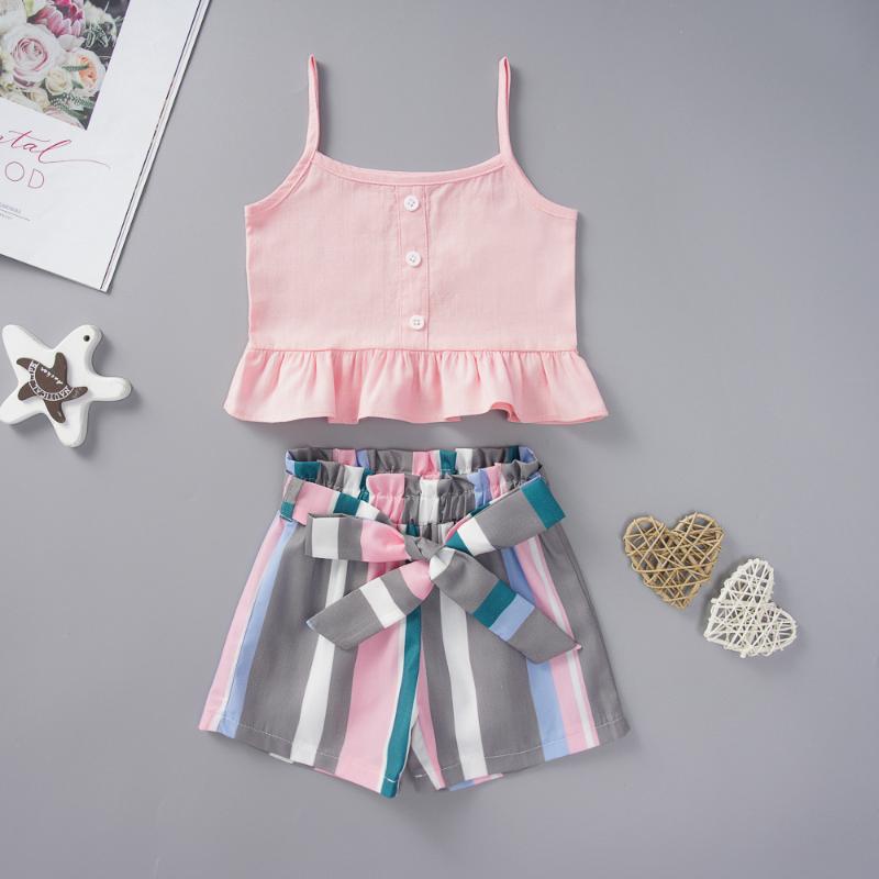 

Baby Clothes 2021 Girls Spring And Summer New Suit Multicolor Sling Top + Striped Shorts Casual Two-Piece Suit 1-4 Years Old, Blue
