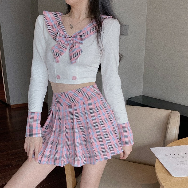 

2021 2 Joint Parts Kawaii Preppy Crop Mini Plied Female Suits Fall New Pupils Arches Tops Skirt Suit 21S3, Pink