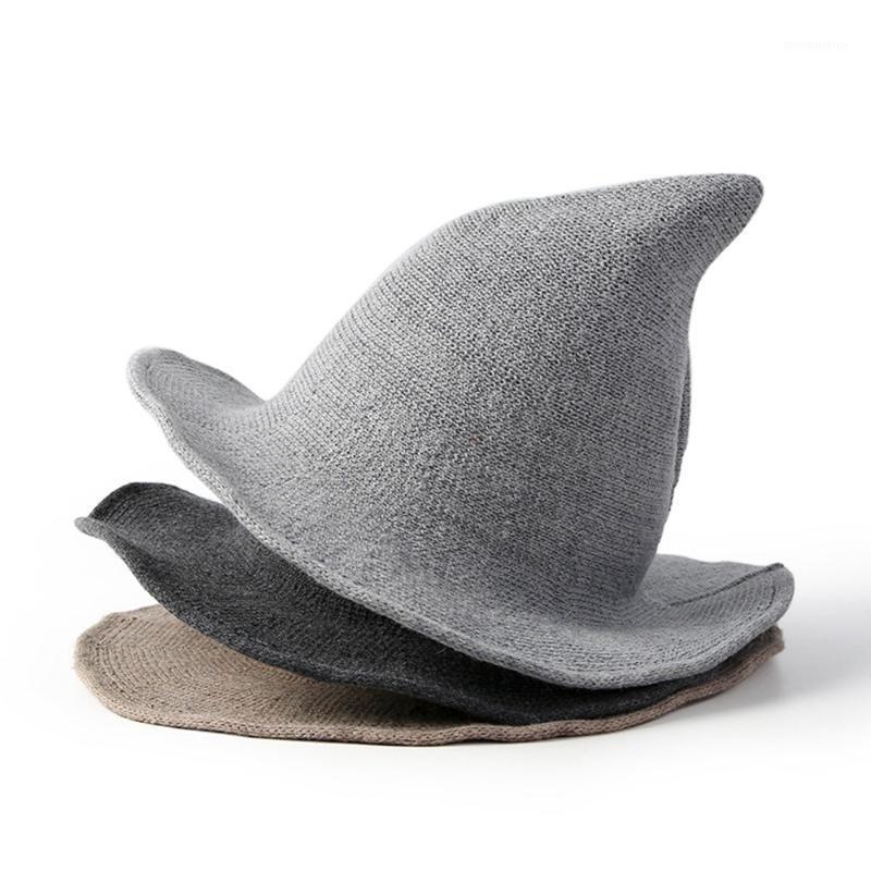 

European American Fashion Autumn Winter New Knitted Wool Wizard Hat Woman Funny Pointed Fisherman Basin Accessories Bonnets1, Grey