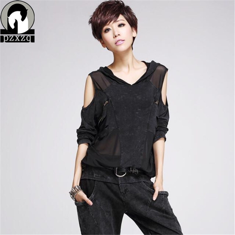 

Fashion Women's Hooded T-shirt Strapless Loose Plus Size Long Sleeve Women Clothing Black Denim Splice Chiffon Tops Off Shoulder Y200828