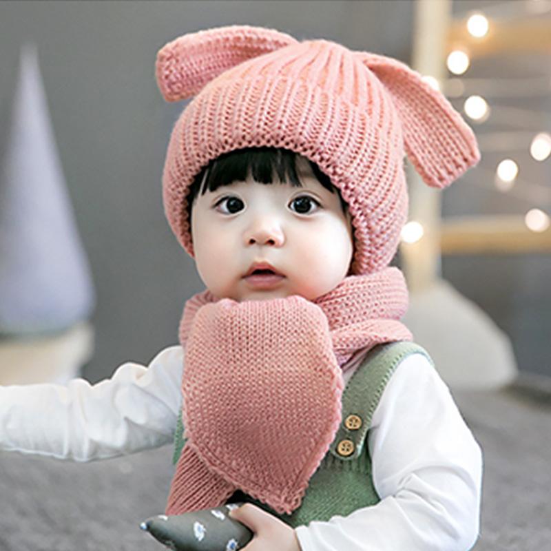 

Fashion Cute Bowknot Solid Color Infant Caps Baby Hat Scarf Autumn Winter Knnited Woolen Scarf Cap Children Warm Headwear Hats